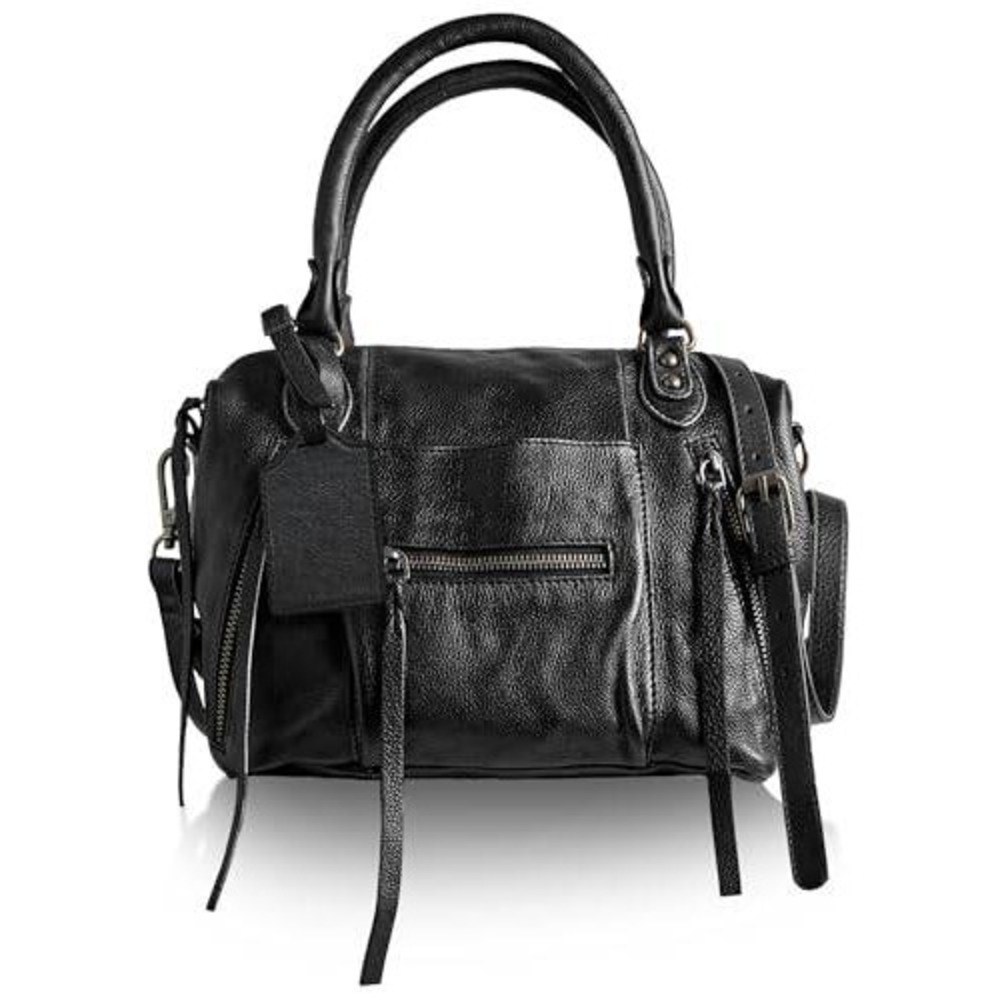 Black Pebbled Leatherโ Moto Satchel Handbag with Crossbody Strap and Zip Detail